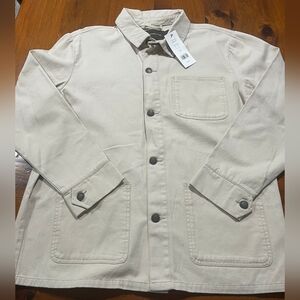 NWT French Connection Unisex Stone Cotton Canvas Utility Button Up Barn Jacket L